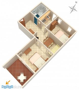 Plan Baška Voda, Plan u smještaju tipa apartment, dopusteni kucni ljubimci i WIFI.