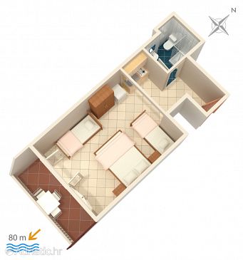 Plan Lokva Rogoznica, Plan u smještaju tipa studio-apartment, dopusteni kucni ljubimci i WIFI.