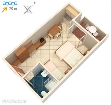 Plan Vinjerac, Plan u smještaju tipa studio-apartment, dopusteni kucni ljubimci i WIFI.