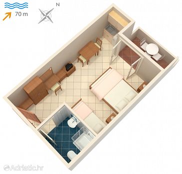 Plan Vinjerac, Plan u smještaju tipa studio-apartment, dopusteni kucni ljubimci i WIFI.