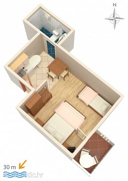 Plan Zubovići, Plan u smještaju tipa studio-apartment, dopusteni kucni ljubimci i WIFI.
