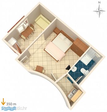 Plan Baška, Plan u smještaju tipa studio-apartment, dopusteni kucni ljubimci.