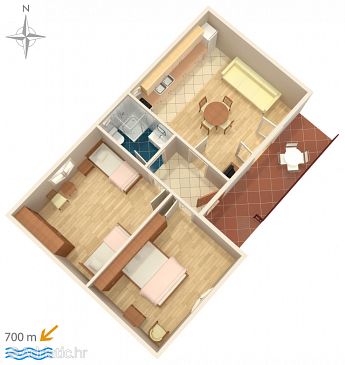 Plan Biograd na Moru, Plan u smještaju tipa apartment, dopusteni kucni ljubimci i WIFI.